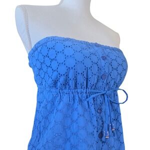 GUESS Blue Eyelet Tube Top Size S Euro Summer Coastal Chic Cinched Bustier Y2K